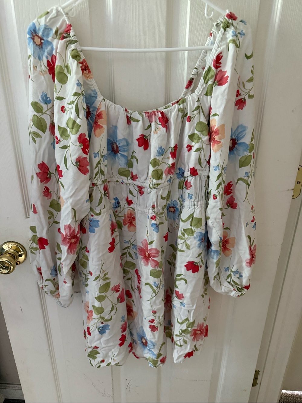 Old Navy White Floral Peasant Tunic - Red, Blue & Green Flowers